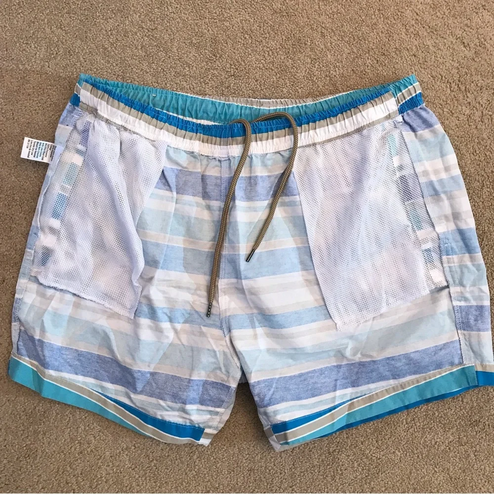 Red Camel Mens Swim Trunks Swimwear Size Large 34 36 Blue White Stripe Altered